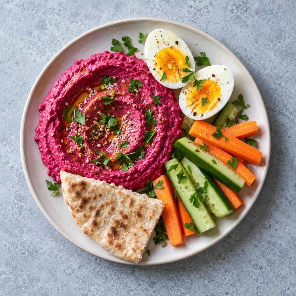 Houmous de betterave et œufs durs : houmous rose, œuf coupé en deux, crudités, pain pita et persil.