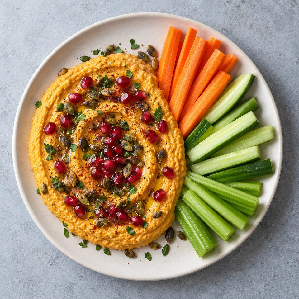 Assiette de houmous de courge rôtie garni de grenades et graines, accompagné de bâtonnets de légumes crus colorés.