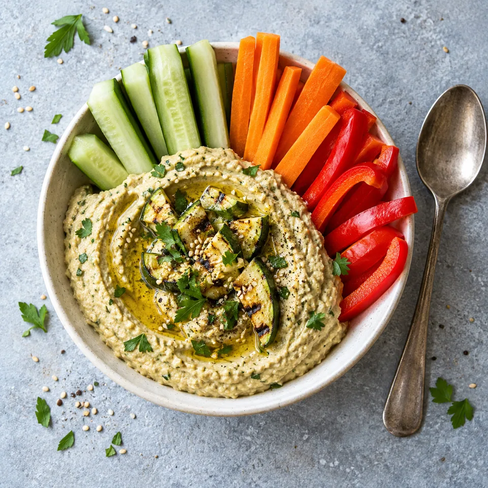 Houmous de courgettes grillées au tahini dans un bol blanc, entouré de bâtonnets de légumes crus colorés.