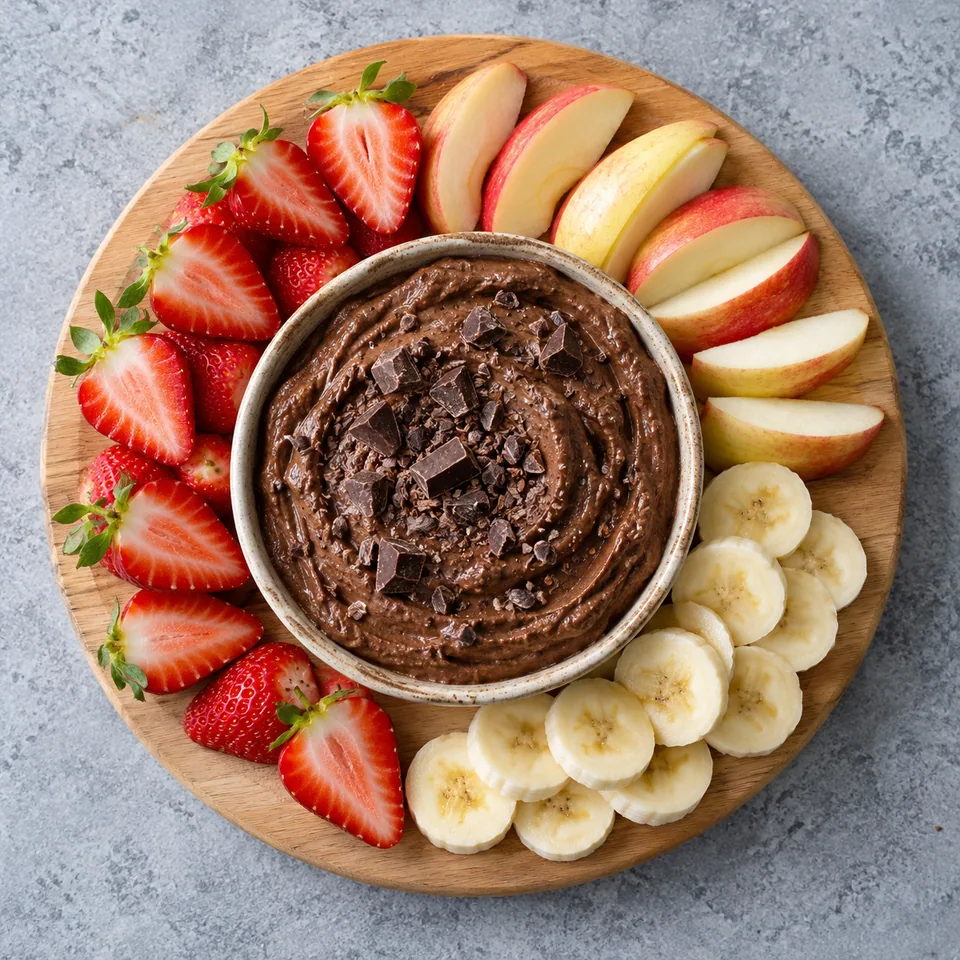 Houmous façon pâte à brownie : crème au cacao et chocolat sur planche bois, entourée de fraises, pommes et bananes.