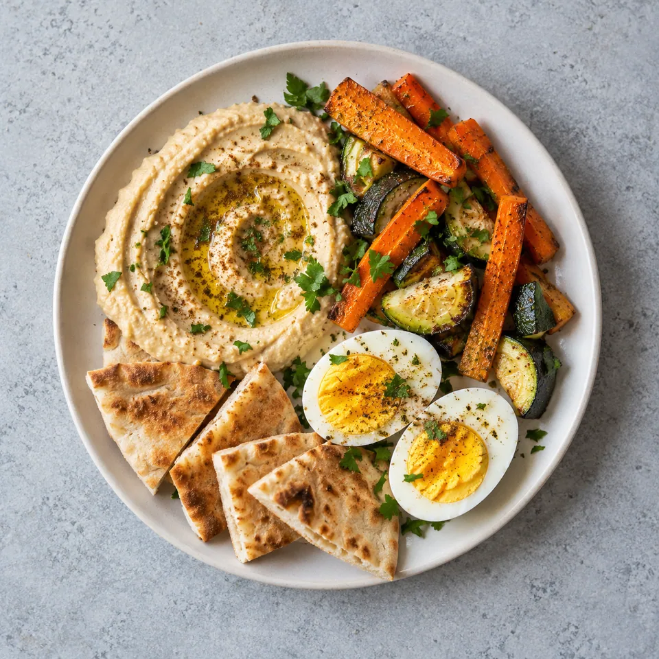 Houmous, œuf dur, carottes et courgettes rôties, pita grillée, persil et cumin dans une assiette.