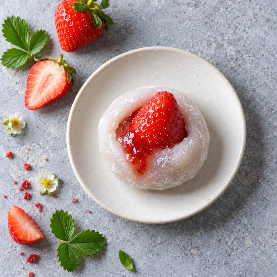 Ichigo daifuku : un mochi blanc translucide garni d'une fraise rouge entière et de confiture sur une assiette blanche.