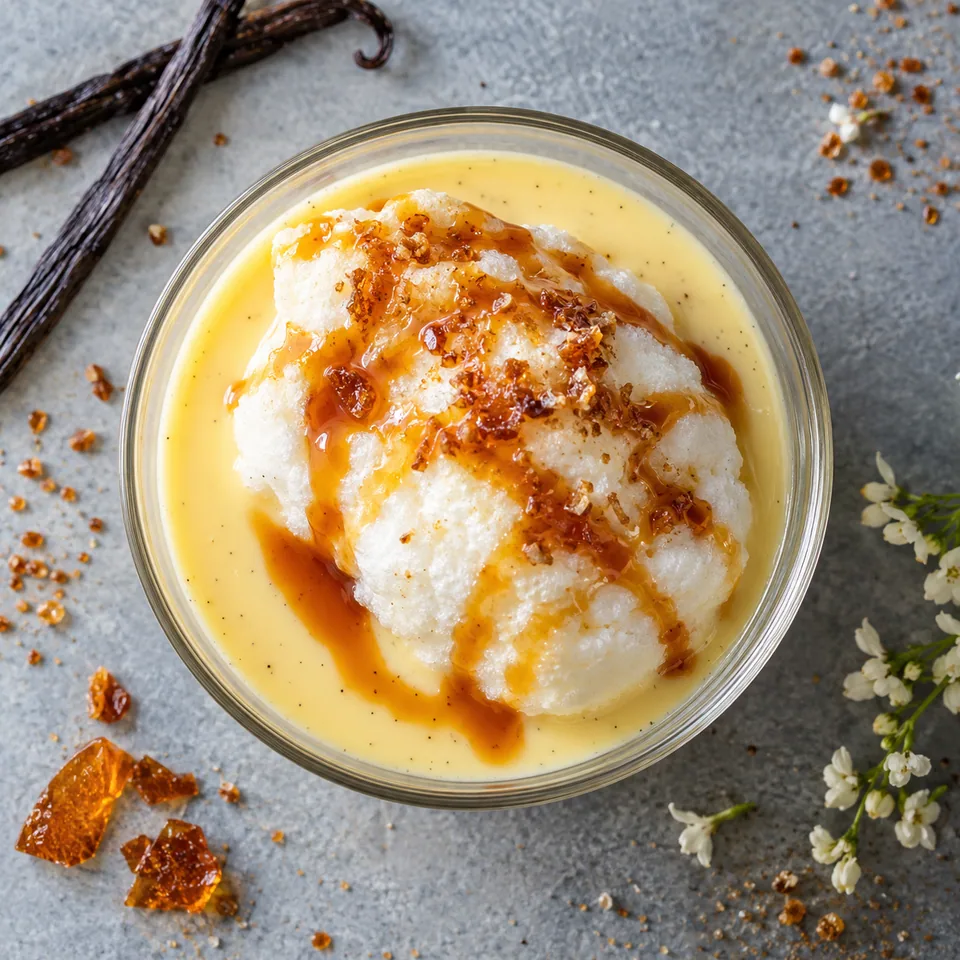 Îles flottantes au micro-ondes, crème anglaise vanillée : blancs d'œufs blancs et fermes dans une crème lisse, nappés d'un filet de caramel doré brillant dans une verrine en verre.