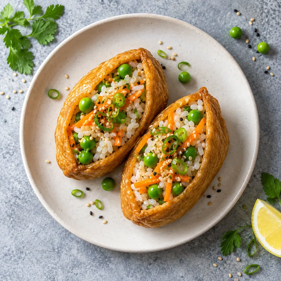 Inarizushi aux petits pois et carotte : deux pochettes de tofu frit dorées ouvertes, garnies de riz, pois verts et carottes râpées.