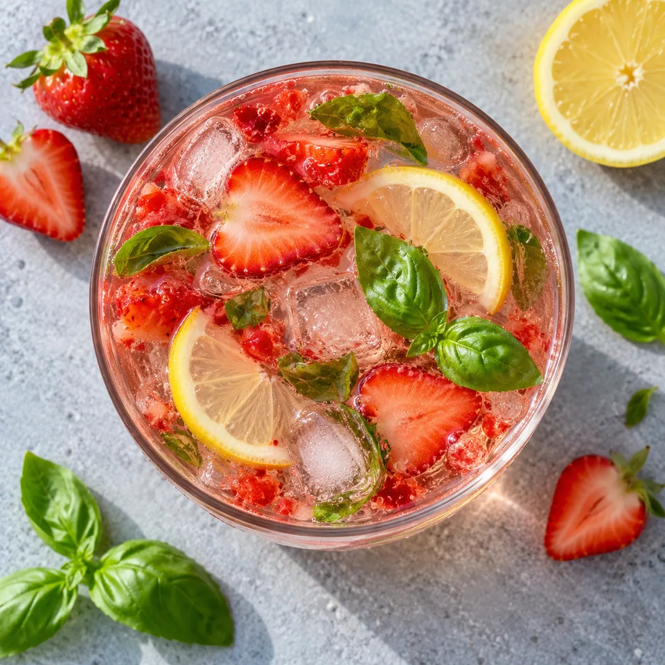 Infusion froide fraise-basilic dans un grand verre transparent, avec morceaux de fraises, citron et basilic visibles.