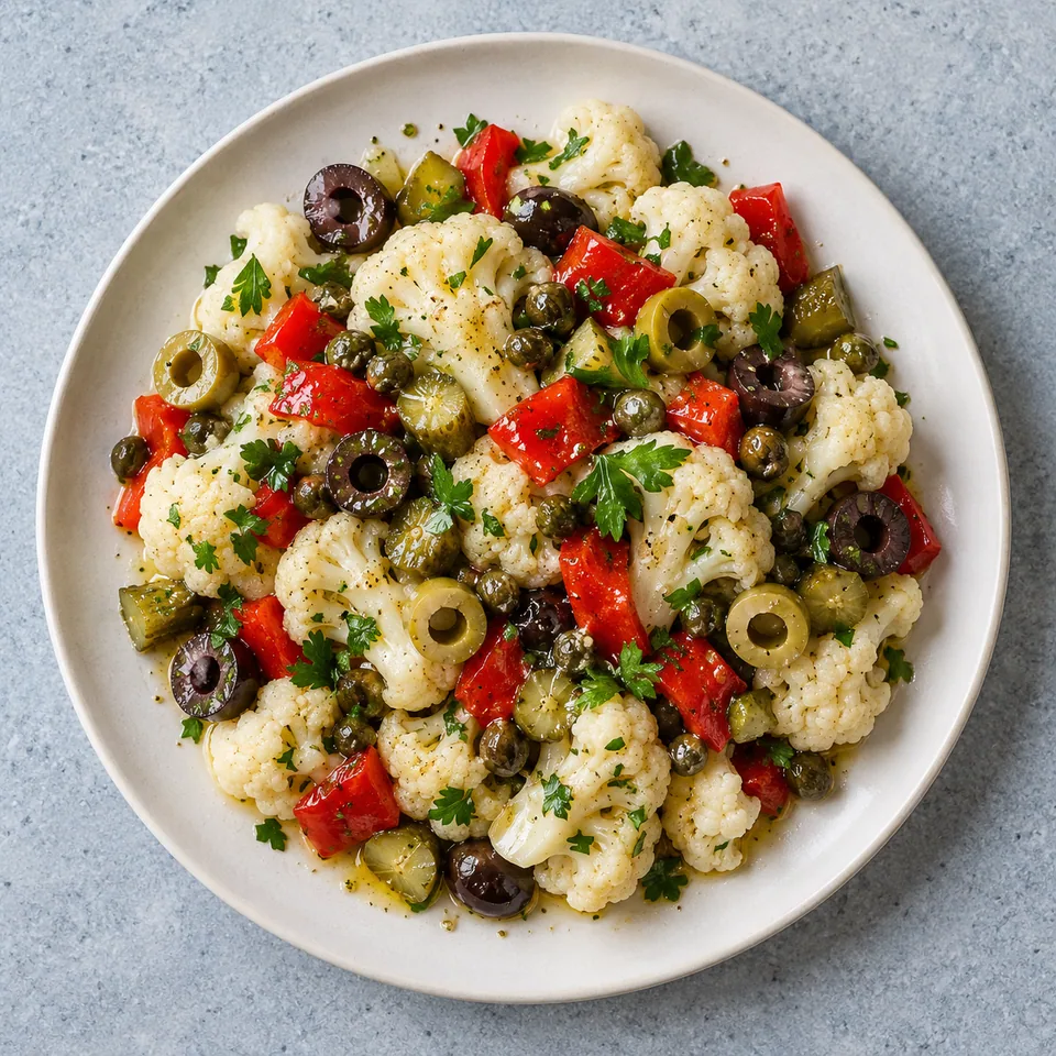 Insalata di rinforzo au chou-fleur : fleurons blancs nappés de vinaigrette, poivrons rouges, olives et persil sur assiette blanche.