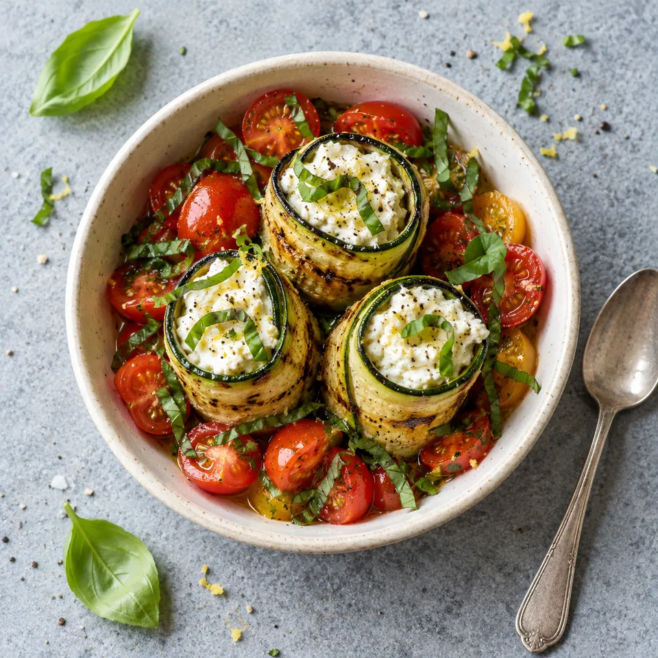 Involtini de courgettes à la ricotta : rouleaux grillés dressés dans un bol, accompagnés de tomates cerises et basilic.