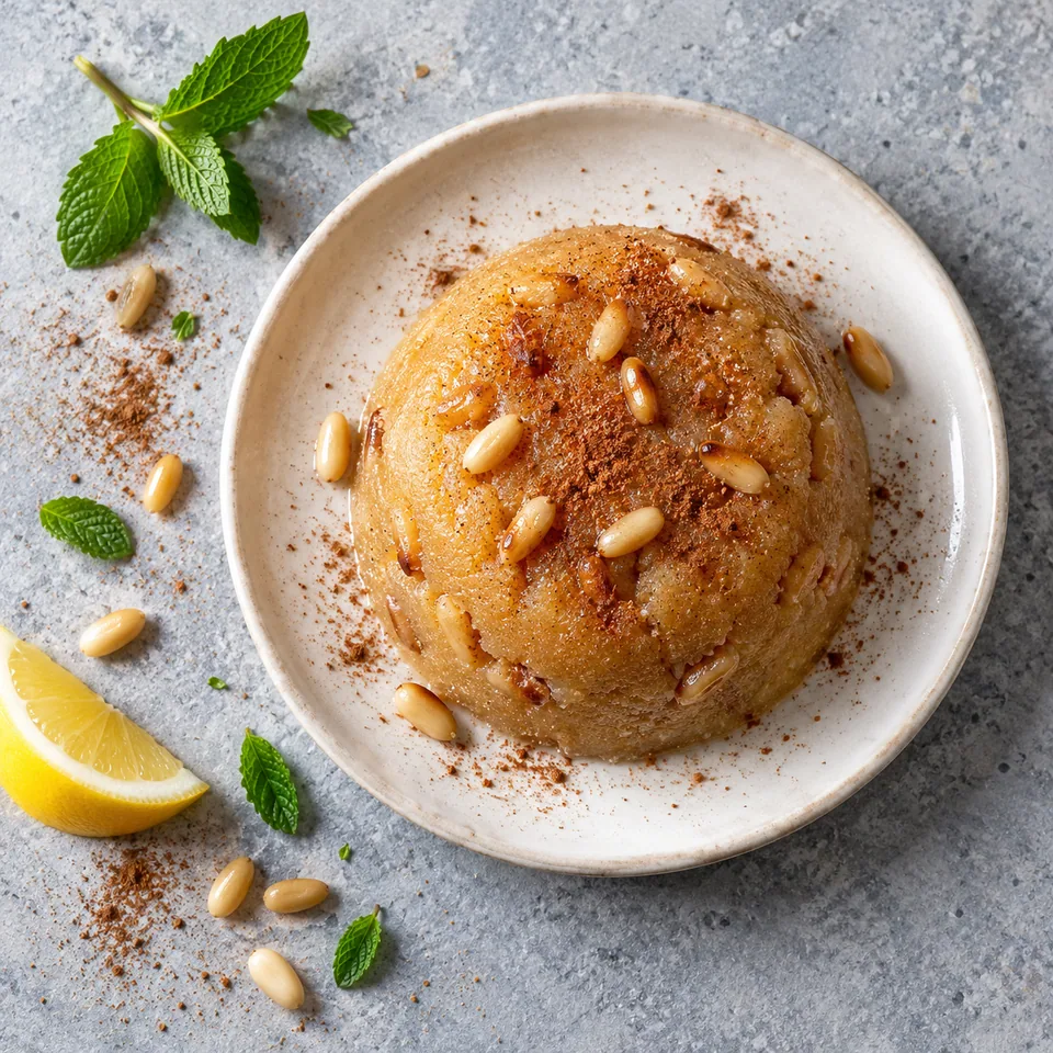 Irmik helvası : portion de halva turc doré et lisse, parsemée de pignons et saupoudrée de cannelle, sur une petite assiette blanche.