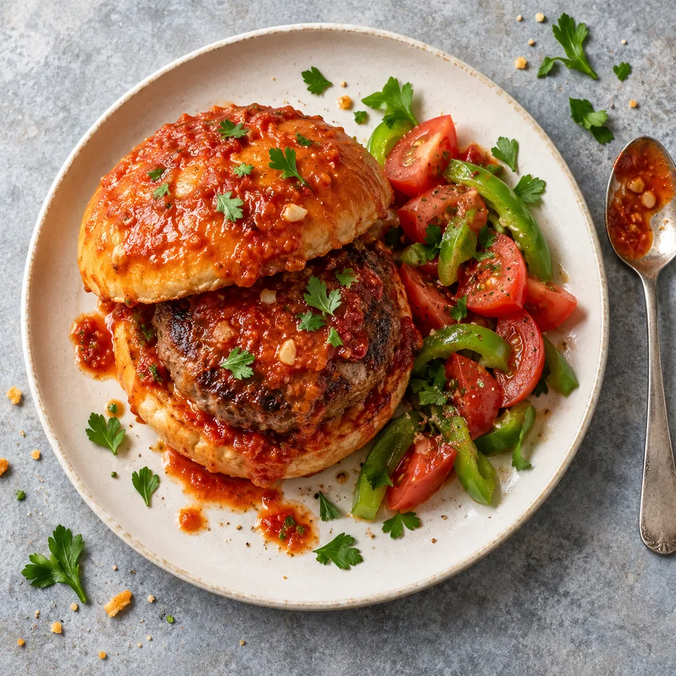 Islak hamburger : pain brioché nappé de sauce tomate, steak haché cuit et salade de tomates et poivrons verts sur assiette blanche.