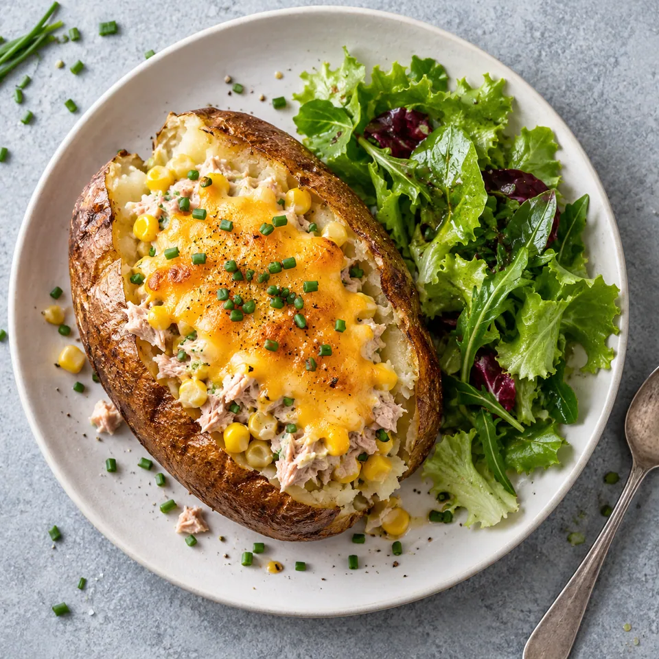 Jacket potato au thon et cheddar : pomme de terre fendue garnie de thon crémeux, cheddar fondu et maïs, servie avec salade verte.