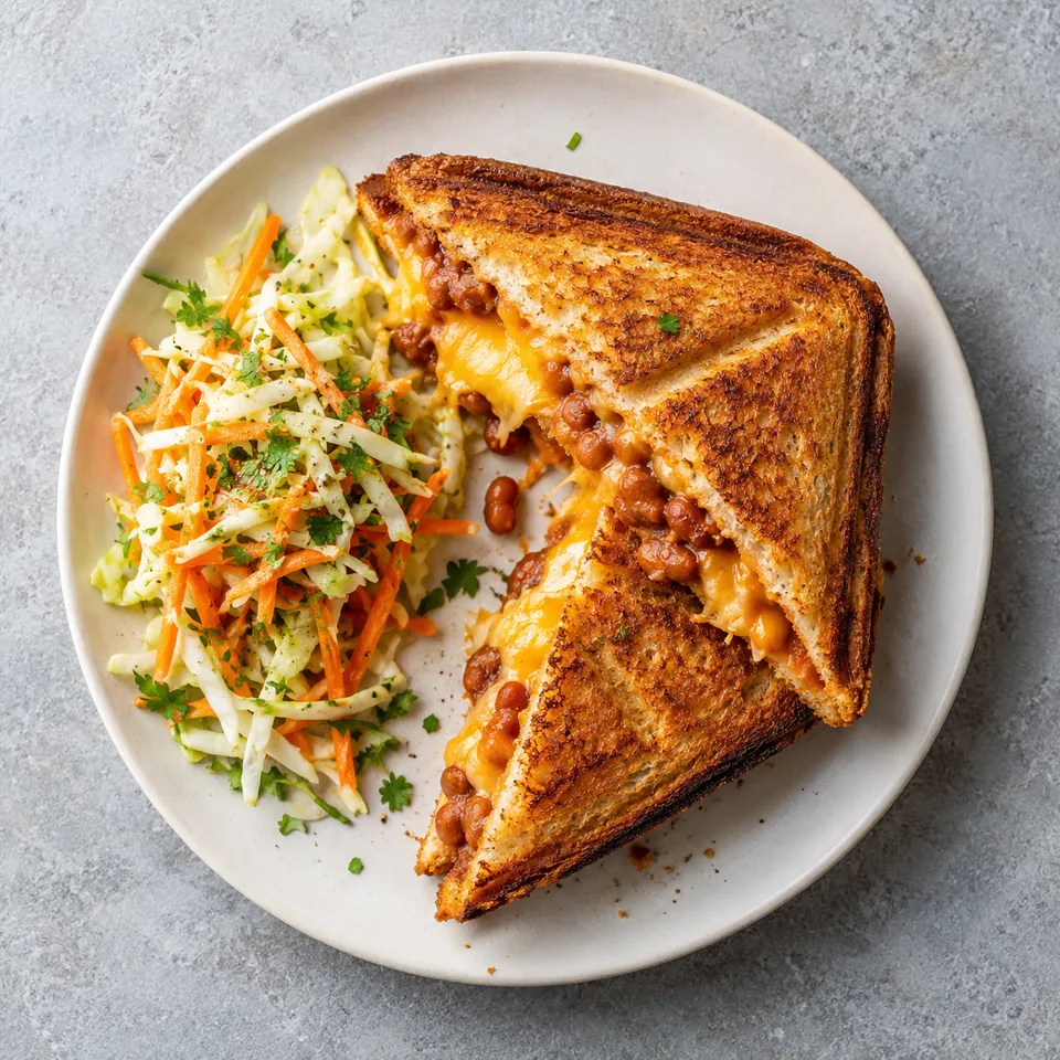 Jaffle australien aux haricots et cheddar doré et croustillant, servi sur une assiette blanche avec une salade croquante.