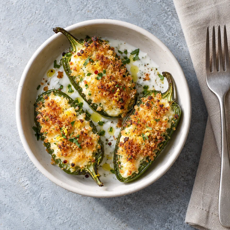 Trois jalapeños farcis dorés et croustillants dans un petit bol blanc, accompagnés d'une sauce yaourt citronnée blanche et brillante.