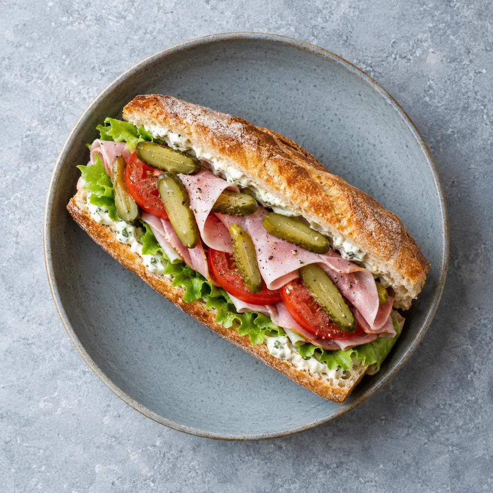 Jambon-beurre revisité, fromage frais et cornichons : baguette ouverte garnie de tomate, jambon, salade et cornichons sur assiette bleue.