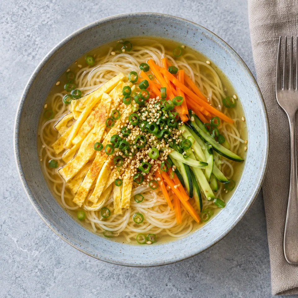 Janchi guksu aux légumes et omelette : nouilles, omelette en lanières, légumes émincés et ciboule dans un bouillon clair, servi dans une assiette creuse bleu-gris.