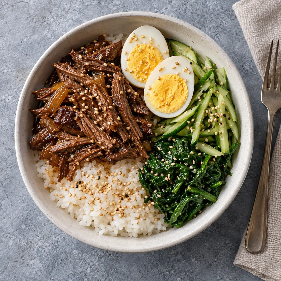 Bol de riz au sésame avec tranches de bœuf jangjorim brillant, œufs durs coupés en deux, concombre et épinards, vue de dessus.