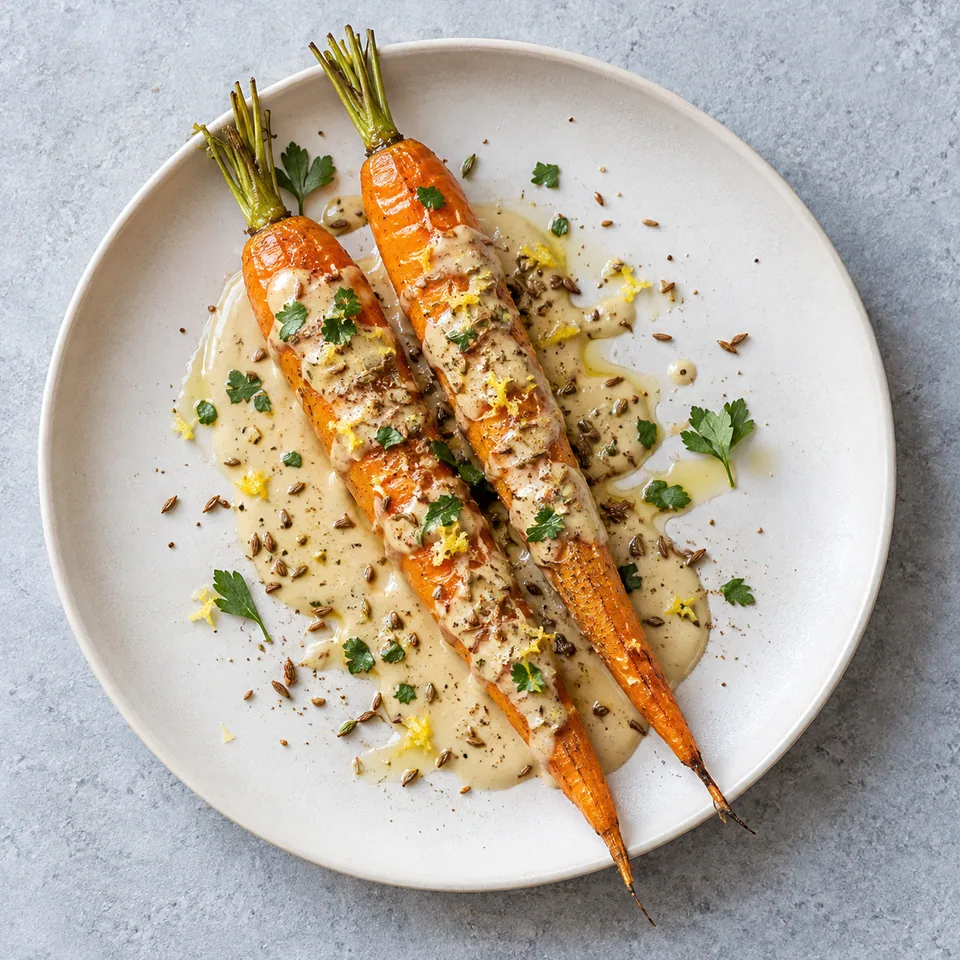 Jeunes carottes, tahini citronné au cumin : deux carottes orange nappées de sauce beige sur assiette blanche.