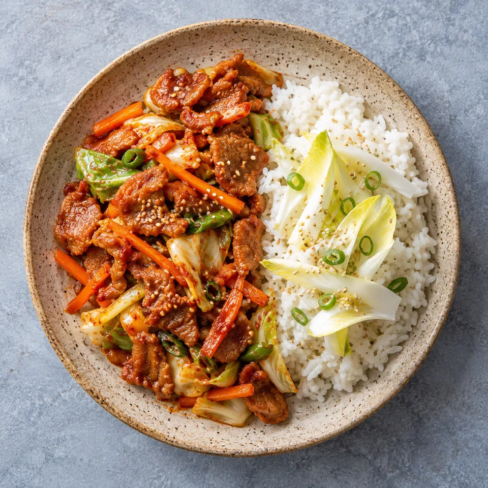 Jeyuk bokkeum : porc épicé sauté, riz blanc, légumes croquants et endives sur assiette beige.