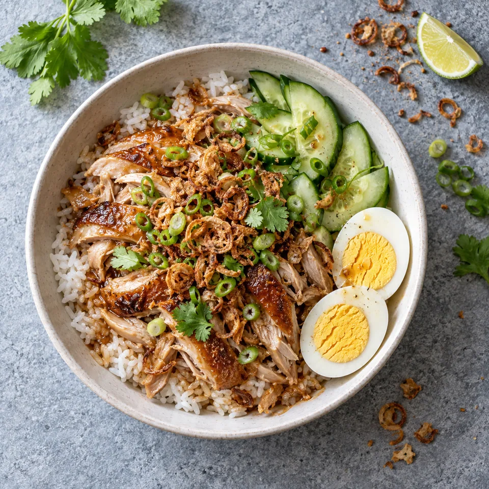 Ji rou fan : bol de riz avec poulet effiloché doré, œuf dur coupé, concombre vert et échalotes croustillantes.