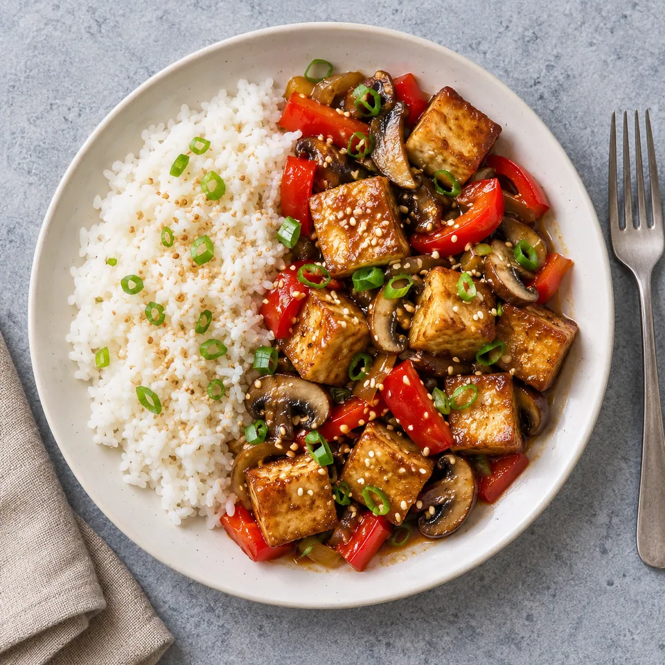 Jiachang doufu : tofu doré, poivrons rouges et champignons nappés de sauce, servis avec riz et graines de sésame sur assiette blanche.