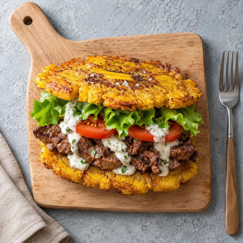 Jibarito : sandwich de plantain doré au steak, tomate et sauce à l'ail sur planche en bois.