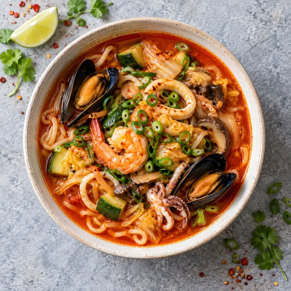 Jjamppong express aux fruits de mer dans un bol crème : nouilles, légumes et fruits de mer dans un bouillon rouge épicé, garni de ciboule.
