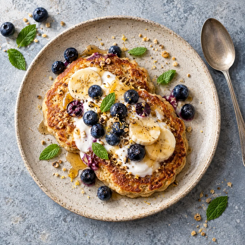Johnnycakes banane et myrtilles : deux crêpes dorées nappées de yaourt et de myrtilles sur une assiette beige.