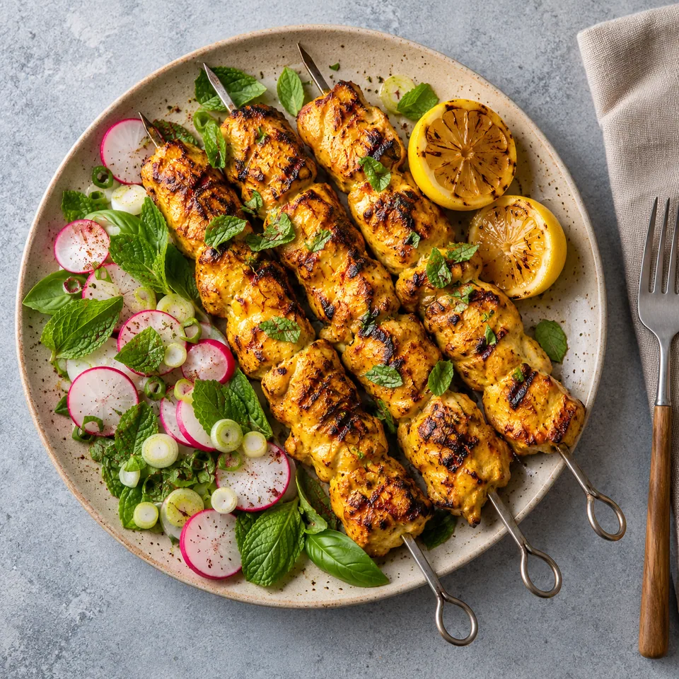 Joojeh kabab : brochettes de poulet grillé doré au safran, servies avec radis frais et herbes vertes sur une assiette en grès beige.