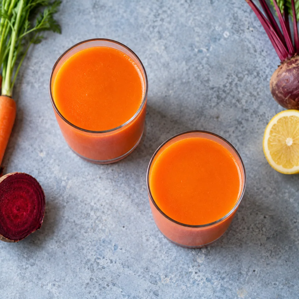 Jus couleur carotte & betterave : deux verres remplis d'un liquide orange vif et homogène.