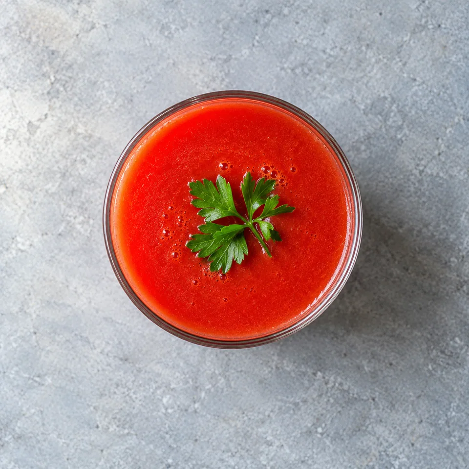 Jus de tomate, poivron et persil : un verre rempli d'un liquide rouge homogène et frais.