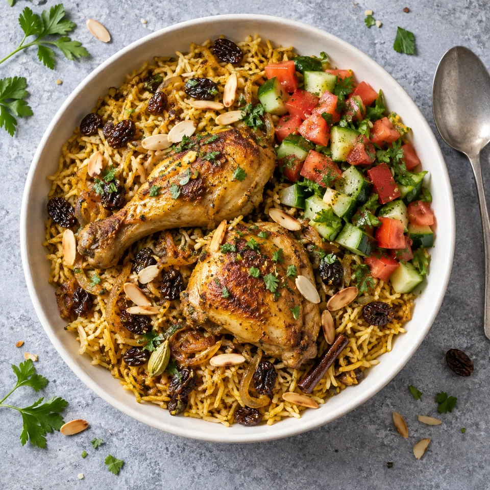 Bol de Kabsa : riz épicé, poulet mijoté, raisins secs, amandes grillées et salade de tomates-concombres.