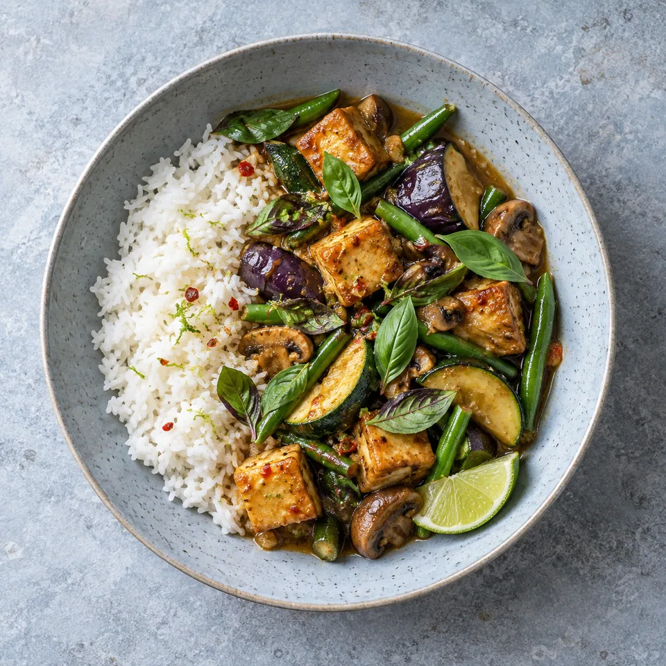 Kaeng pa au tofu, légumes et basilic thaï servi sur une assiette creuse bleu-gris avec riz et légumes colorés.