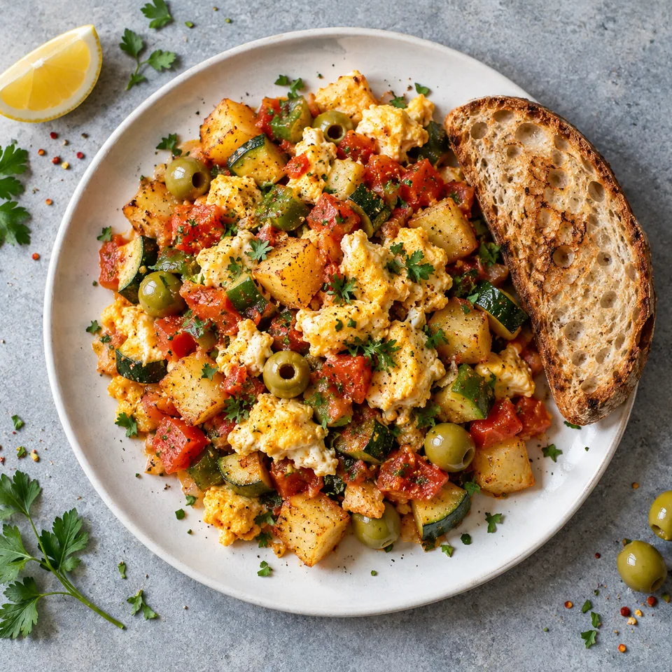 Kafteji tunisien : légumes poêlés, œufs brouillés bien cuits et pain grillé sur assiette blanche.