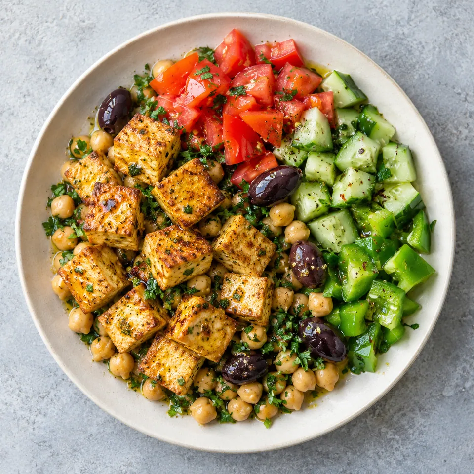 Assiette turque Kahvaltı : tofu doré en cubes, pois chiches au persil, tomates, concombre, poivron et olives noires sur assiette blanche.