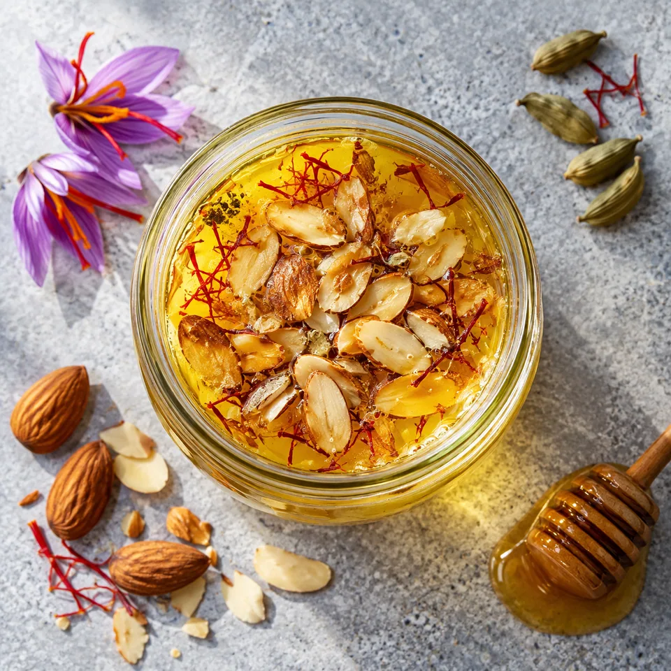 Kahwa du Cachemire au safran dans un bocal en verre, infusion dorée garnie d'amandes effilées grillées croustillantes.