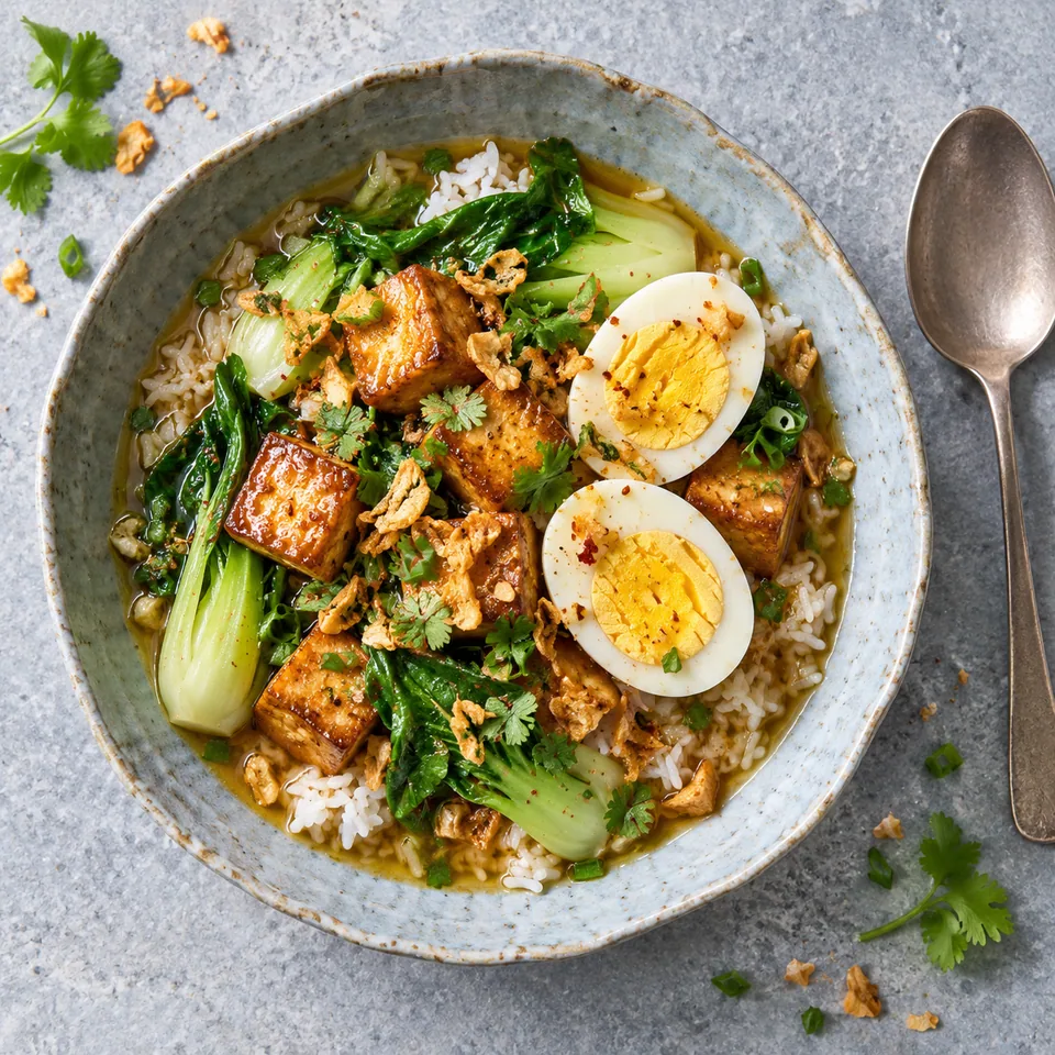 Bol de riz Kai Palo avec tofu doré, pak choï et œufs durs coupés en deux, nappés de sauce soja.