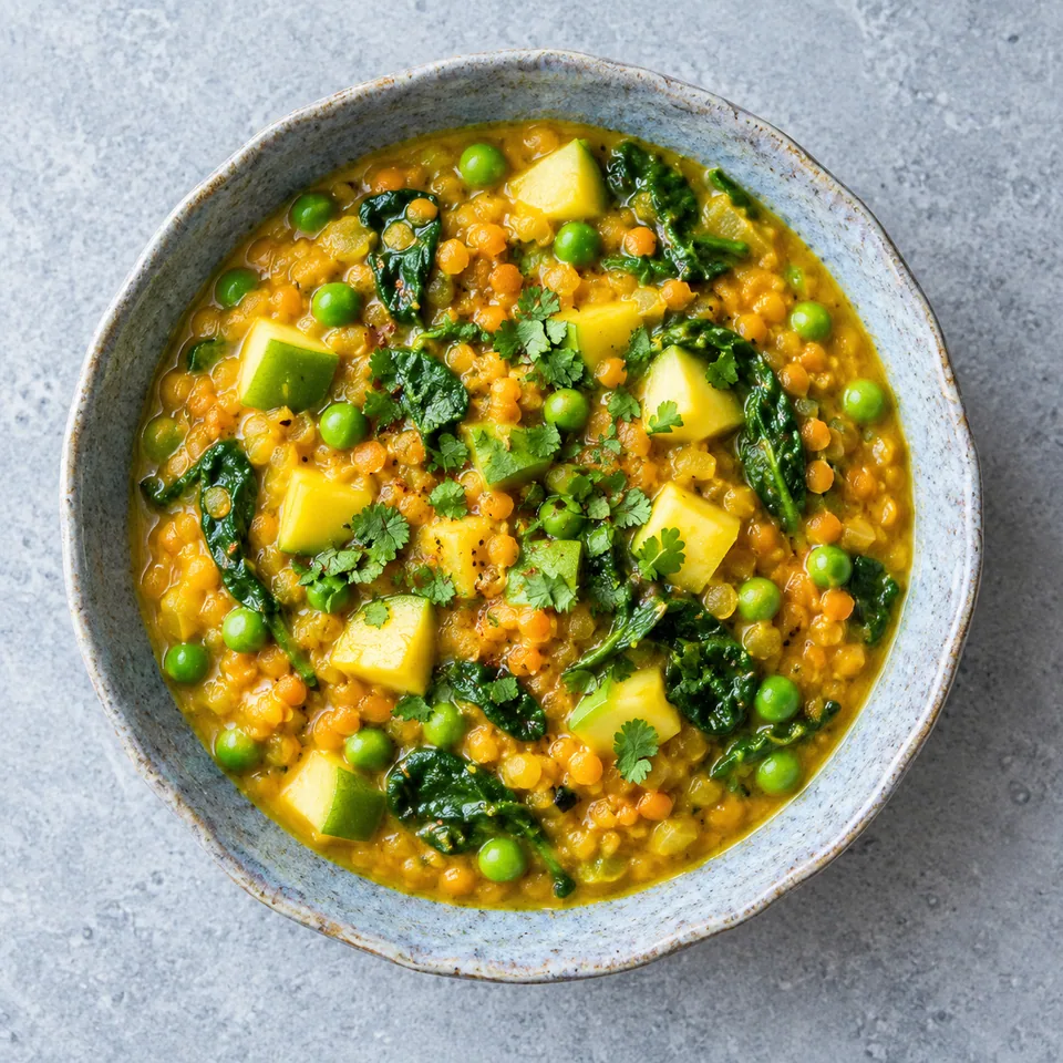 Bol de Kairi dal aux lentilles corail, mangue verte et épinards, vue de dessus.