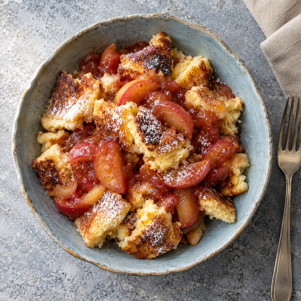 Kaiserschmarrn à la farine de riz et compotée de pommes dans un bol bleu-gris, morceaux dorés et pommes fondantes.