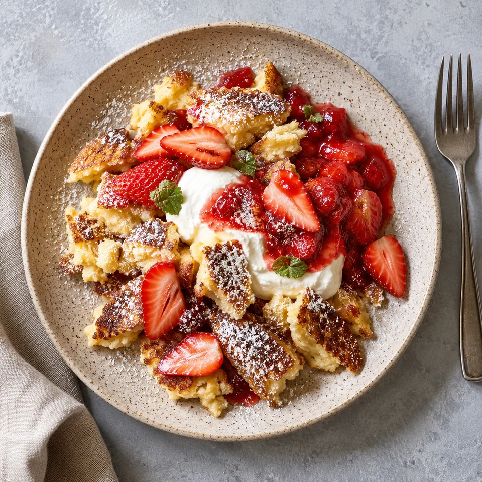 Assiette de Kaiserschmarrn doré au fromage blanc et fraises fraîches, vue de dessus.