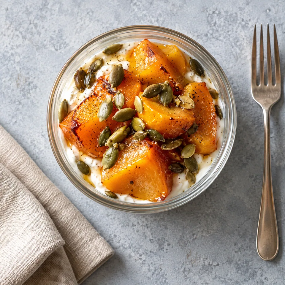 Kakis rôtis à la vanille et yaourt grec dans une verrine, garnis de graines de courge.