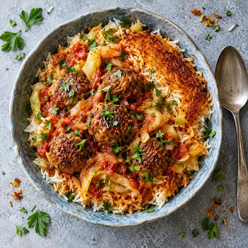 Kalam polo : riz au chou et boulettes de bœuf dans un bol, sauce tomate, herbes vertes et croûte dorée.