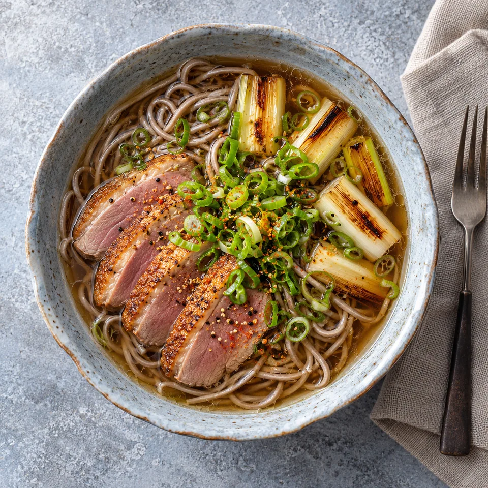 Bol de Kamo nanban soba : nouilles, canard grillé, poireau doré, ciboule et shichimi dans un bouillon clair.