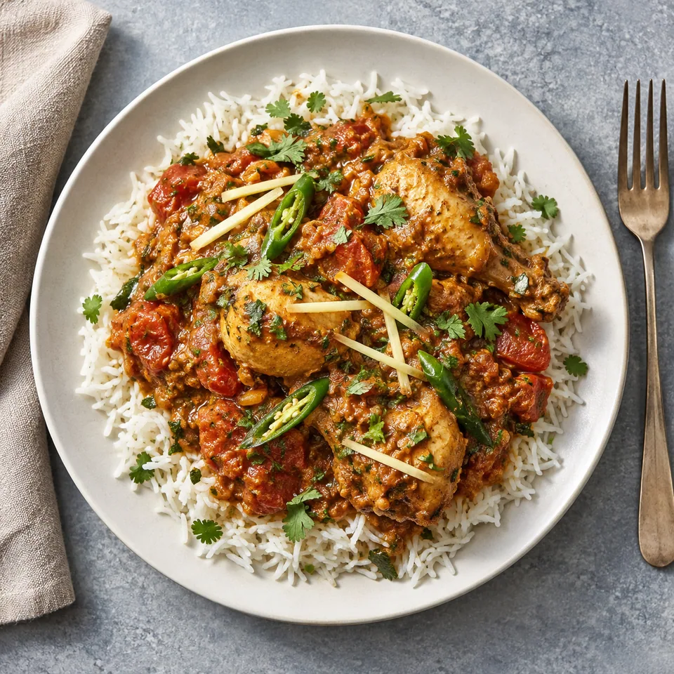 Assiette plate en céramique blanche avec riz basmati et karahi de poulet aux tomates, gingembre et coriandre fraîche.