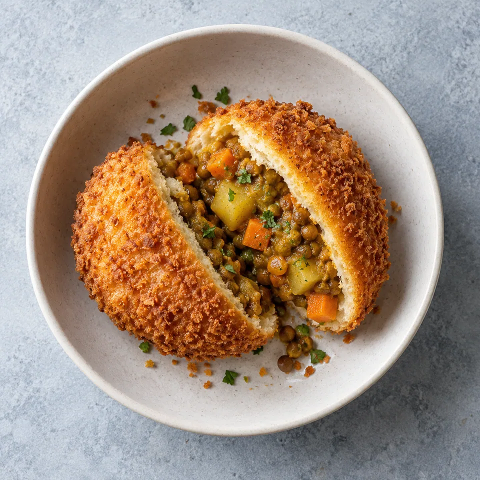 Kare pan au curry de lentilles : pain doré et croustillant fendu, révélant une farce onctueuse de lentilles et légumes.
