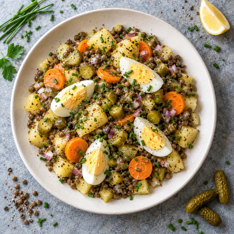 Assiette de Kartoffelsalat aux œufs, lentilles et cornichons : pommes de terre, lentilles, carotte, oignon rouge, cornichons, œuf dur et ciboulette.