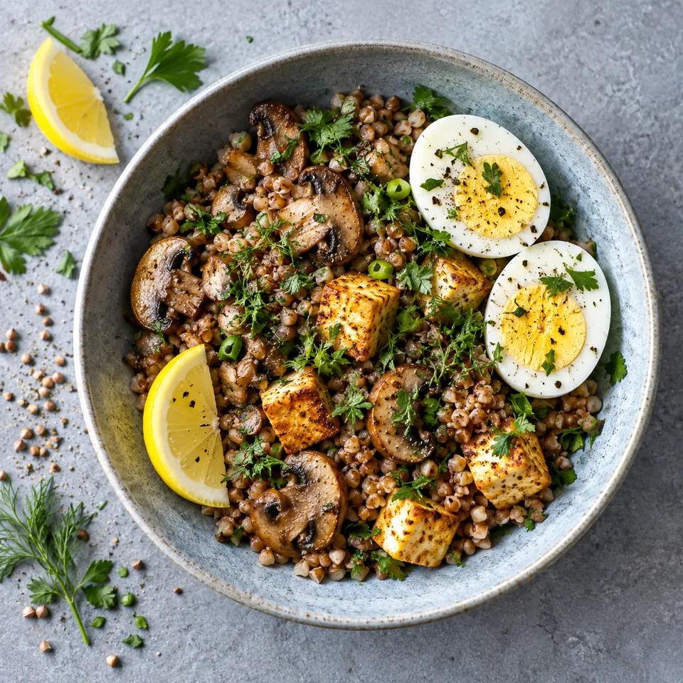 Assiette de kasha aux champignons, tofu doré et œufs durs sur fond bleu-gris