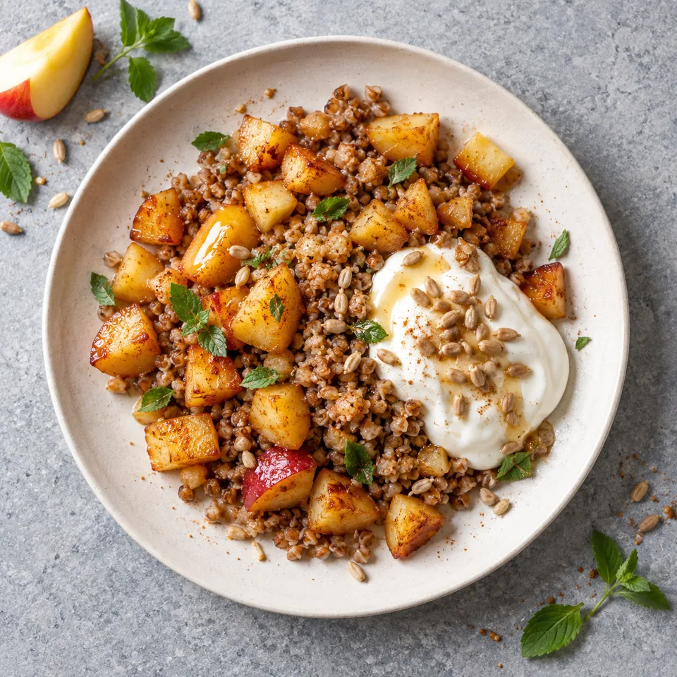 Assiette de kasha de sarrasin aux pommes poêlées caramélisées et yaourt skyr, parsemé de graines de tournesol.