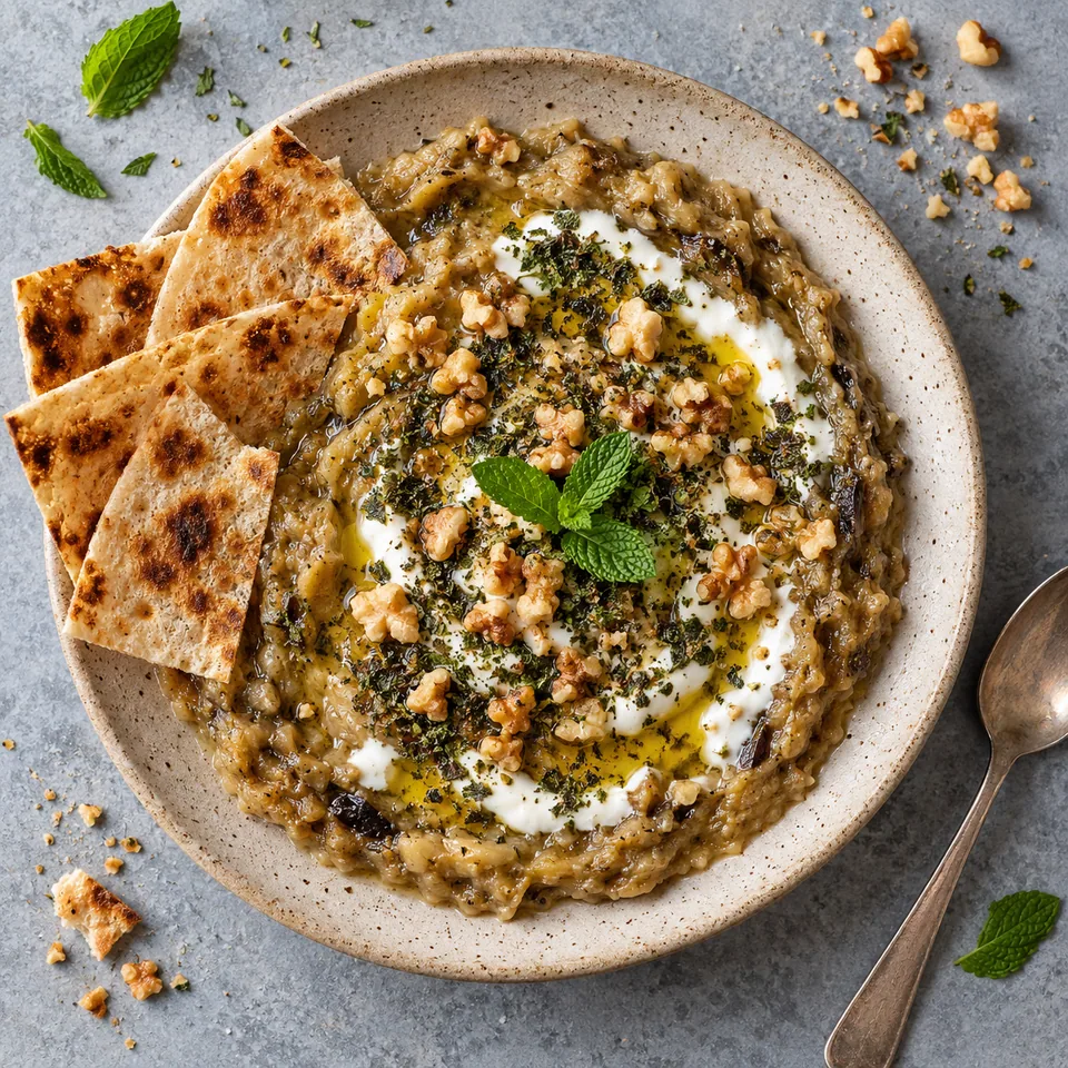 Kashk-e bademjan : crème d'aubergine dorée aux noix et menthe, servie avec du pain lavash sur une assiette en grès beige.