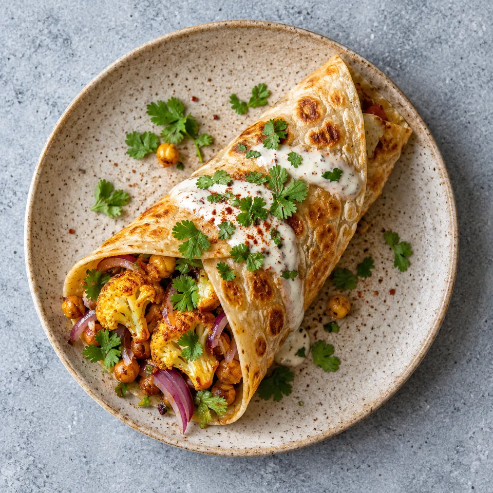 Kathi roll au chou-fleur épicé servi sur une assiette en grès beige, garni de sauce crémeuse et coriandre fraîche.