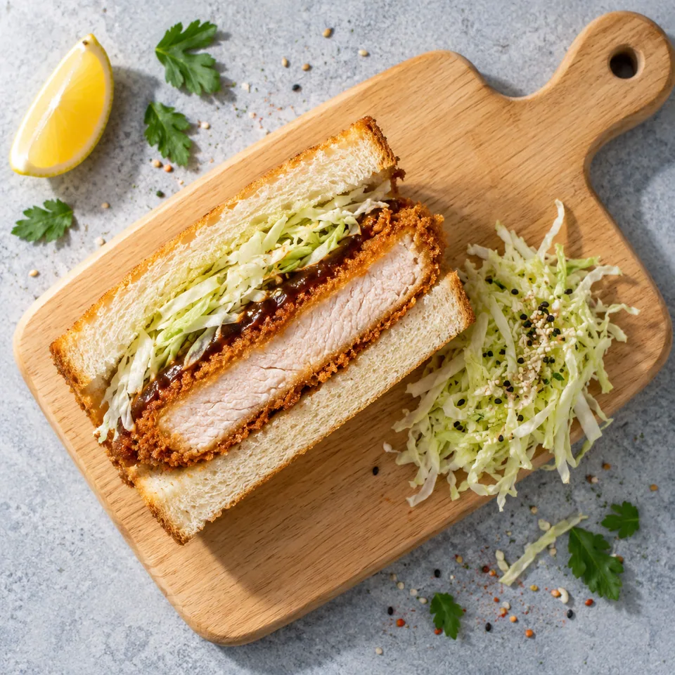Katsu sando demi-tranche sur planche bois, porc pané doré, pain mie et chou blanc émincé.
