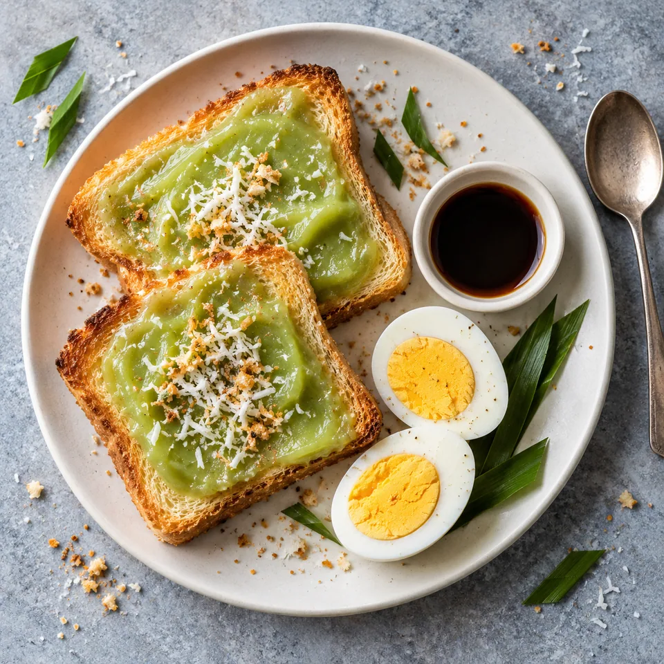 Kaya toast coco-pandan et œuf dur : pain grillé doré tartiner de crème verte, œuf dur coupé et sauce soja sur assiette blanche.